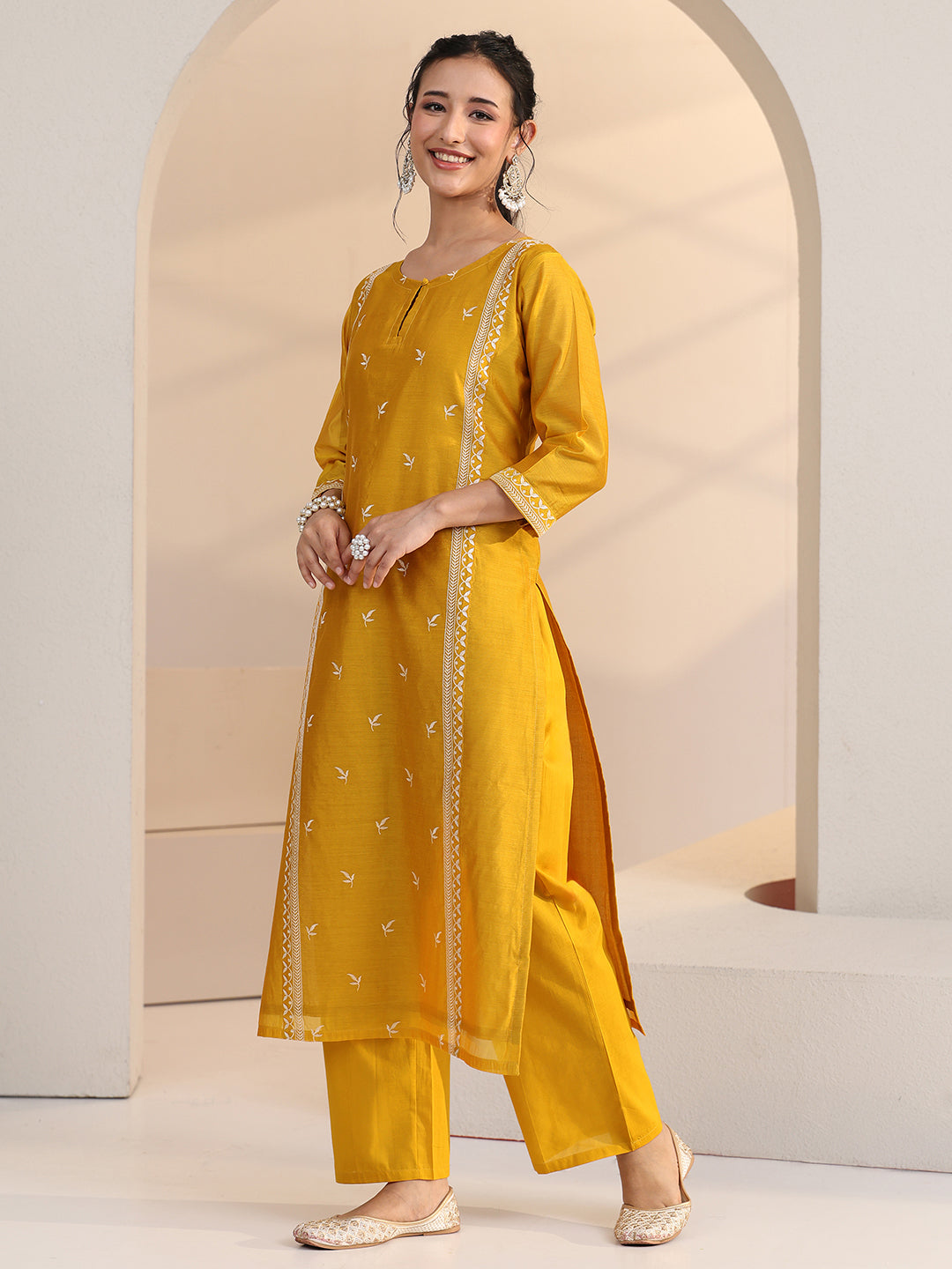 Libas Yellow Floral Embroidered Chanderi Silk Straight Suit Set