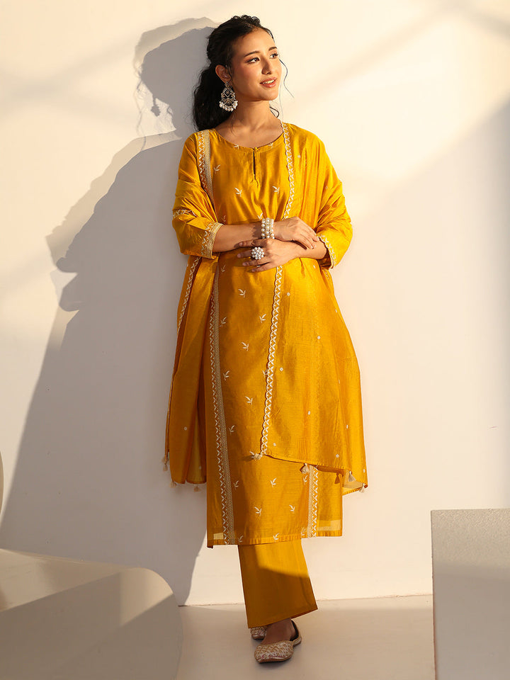 Libas Yellow Floral Embroidered Chanderi Silk Straight Suit Set