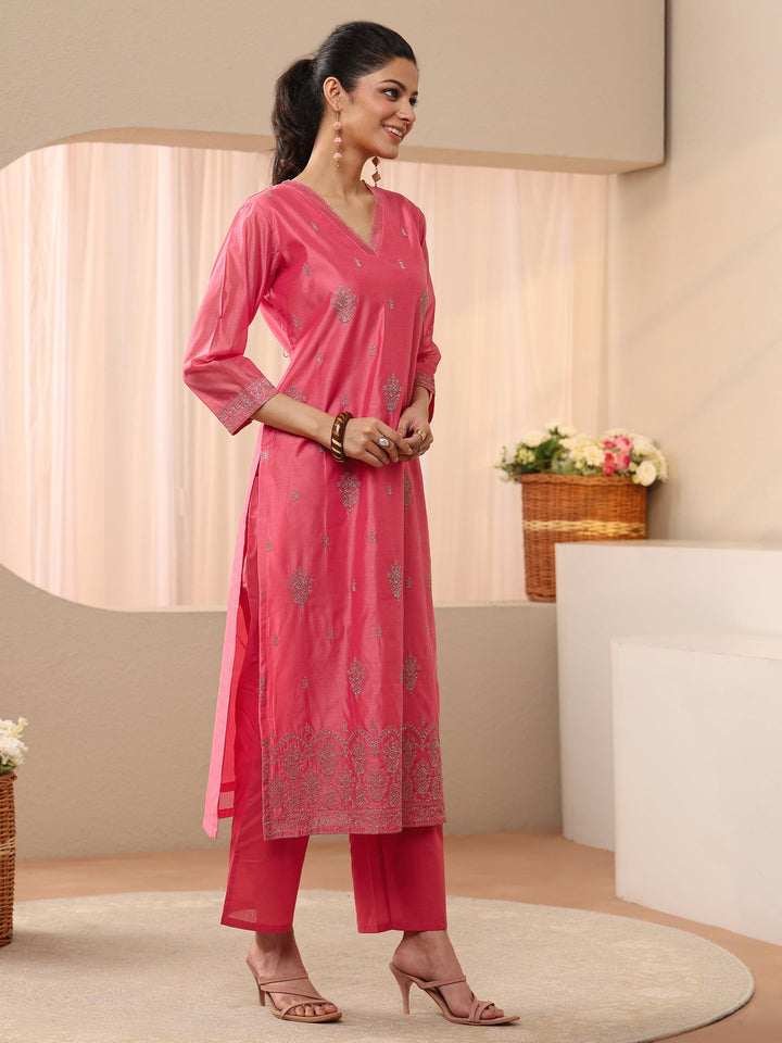 Pink Ethnic Embroidered Chanderi Silk Straight Suit Set
