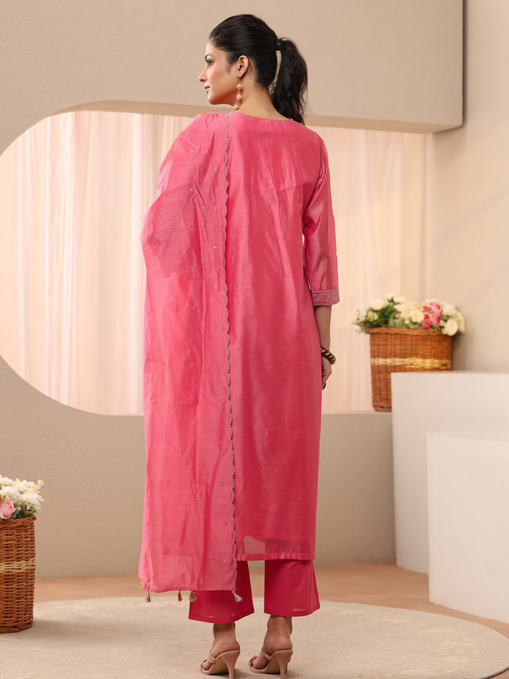 Pink Ethnic Embroidered Chanderi Silk Straight Suit Set