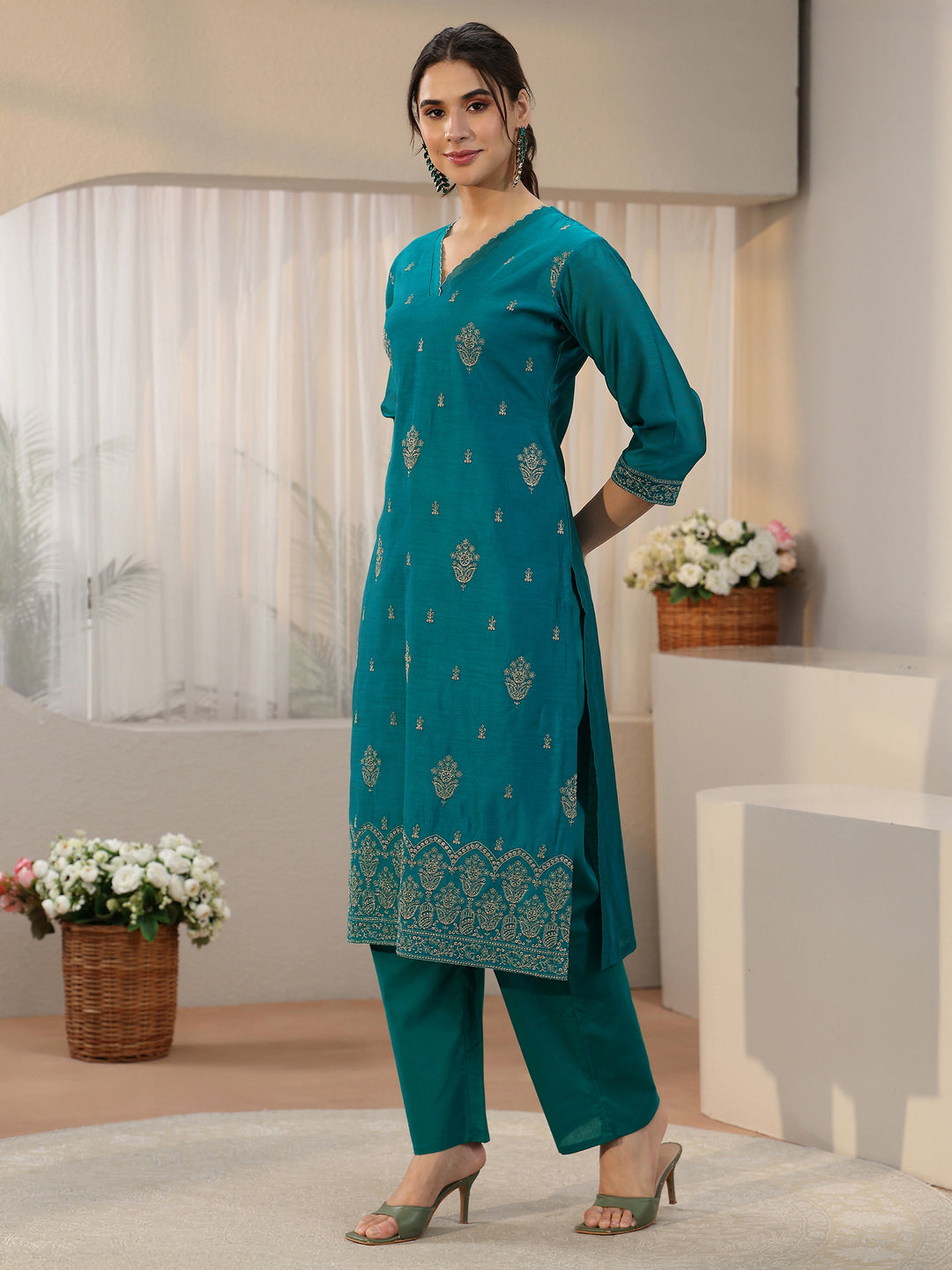 Libas Teal Blue Embroiderd Chanderi Silk Straight Suit Set