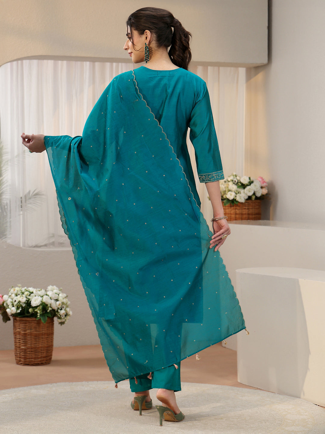 Libas Teal Blue Embroiderd Chanderi Silk Straight Suit Set