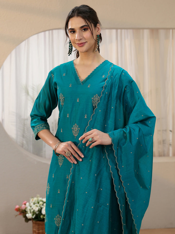Libas Teal Blue Embroiderd Chanderi Silk Straight Suit Set
