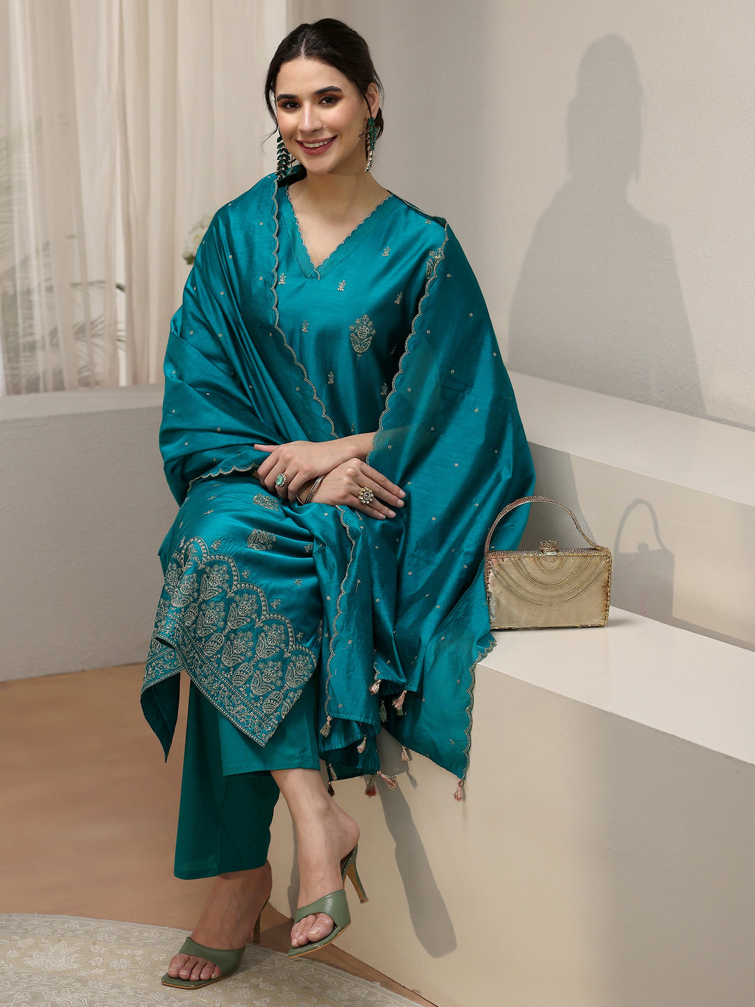 Libas Teal Blue Embroiderd Chanderi Silk Straight Suit Set
