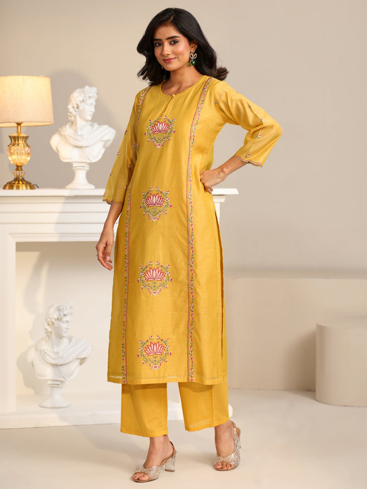Libas Yellow Lotus Embroidered Chanderi Silk Straight Suit Set