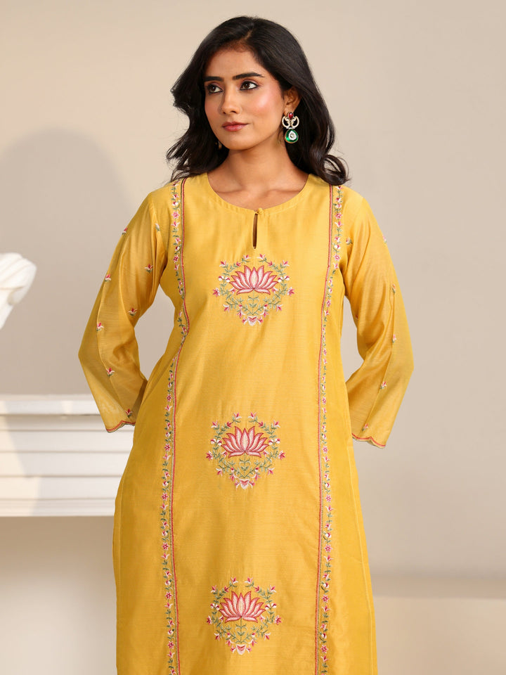 Libas Yellow Lotus Embroidered Chanderi Silk Straight Suit Set