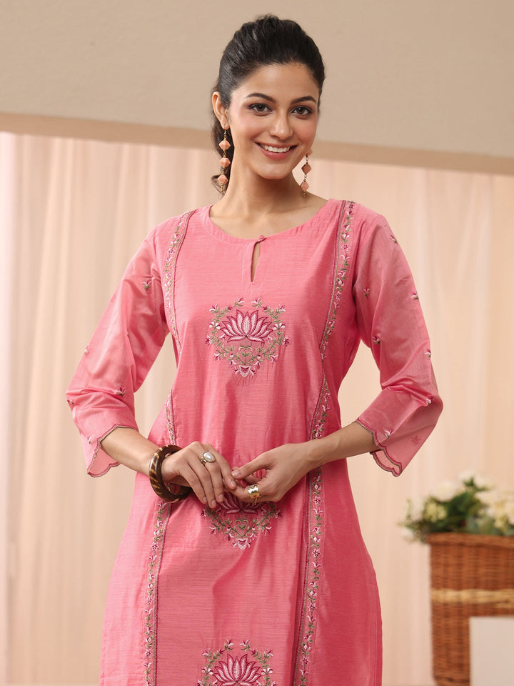 Pink Floral Embroidered Chanderi Silk Straight Suit Set