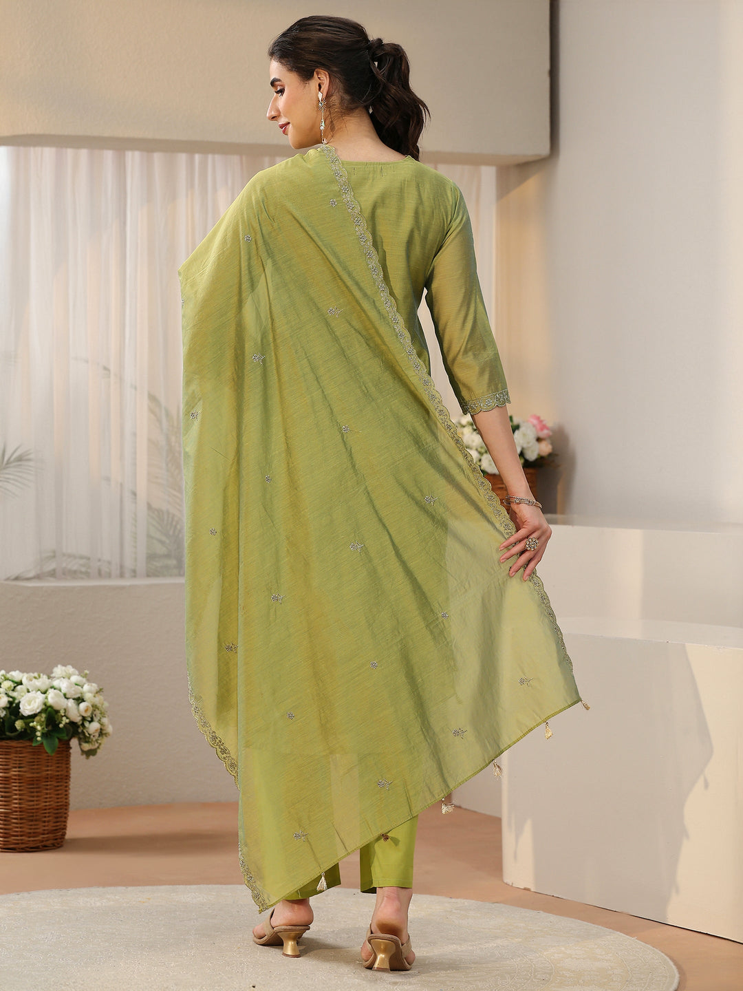 Libas Leaf Green Floral Embellished Chanderi Silk Straight Suit Set