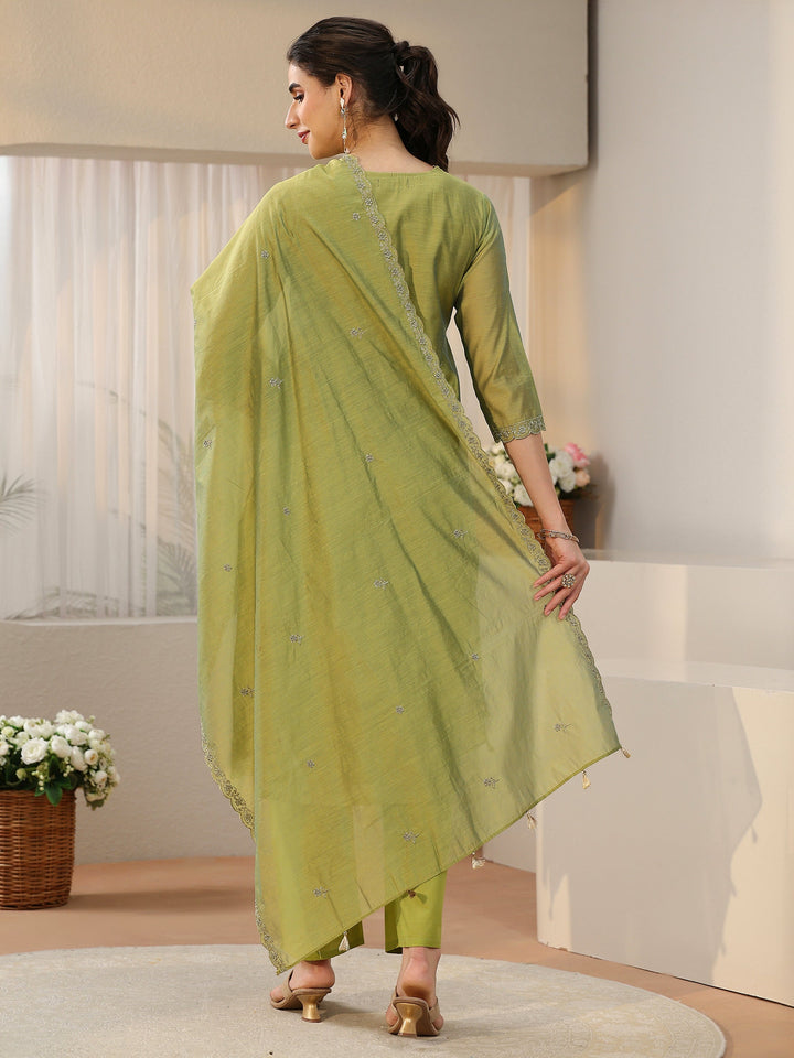 Libas Leaf Green Floral Embellished Chanderi Silk Straight Suit Set