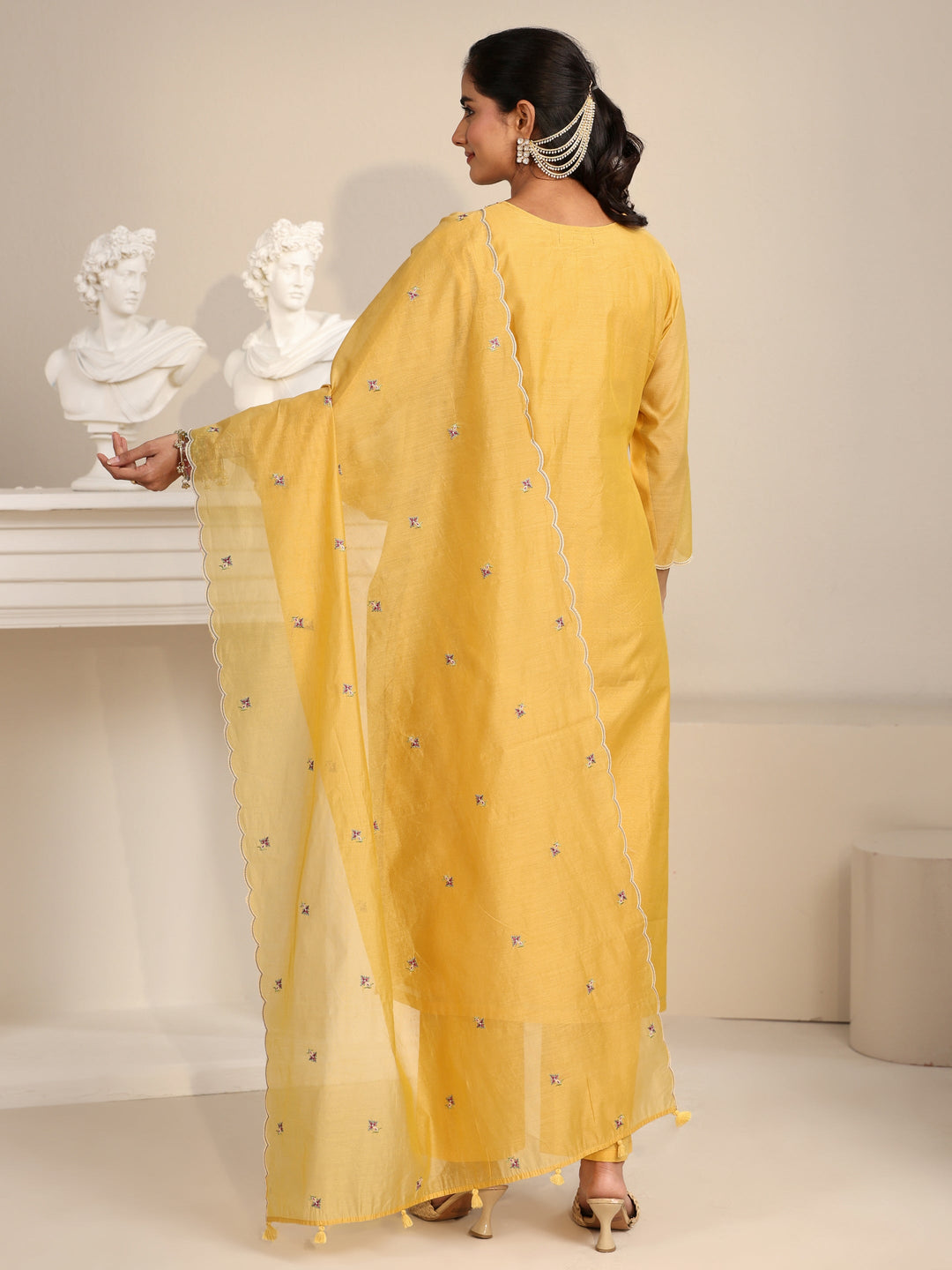 Libas Yellow Floral Embroidered Chanderi Silk Straight Suit Set