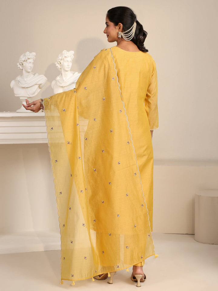 Libas Yellow Floral Embroidered Chanderi Silk Straight Suit Set