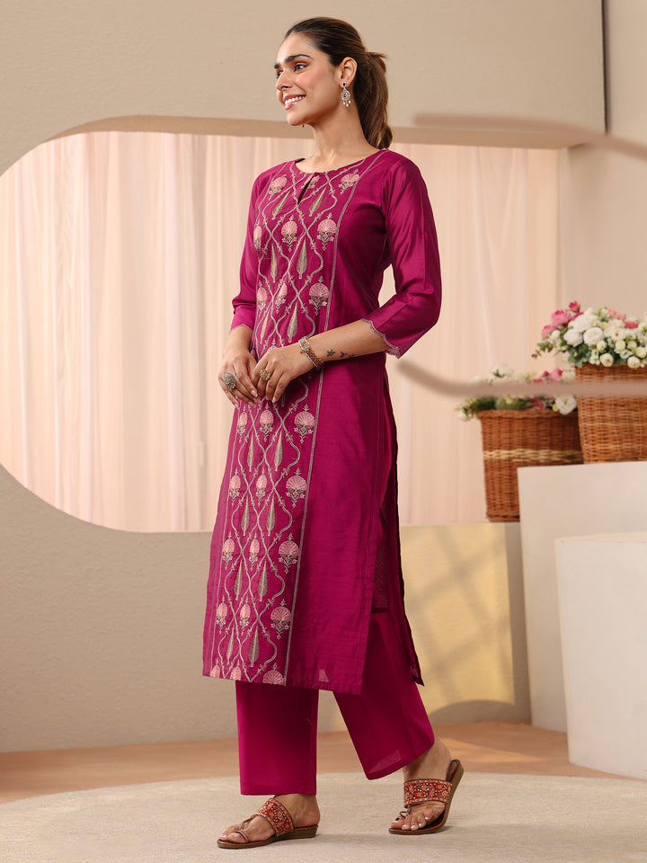 Pink Floral Embroidered Chanderi Silk Straight Suit Set