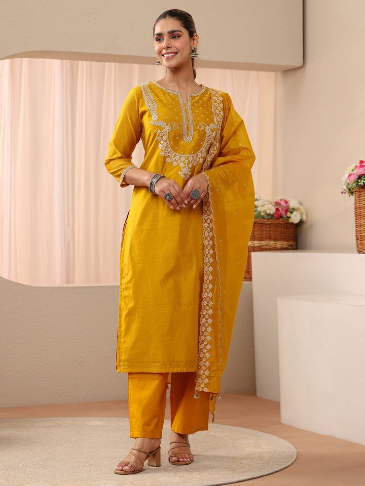 Yellow Ethnic Embroidered Chanderi Silk Straight Suit Set