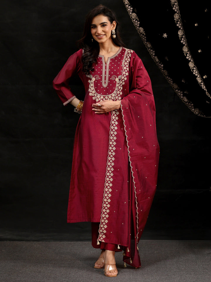 Libas Maroon Red Yoke Embroidered Chanderi Silk Straight Suit Set