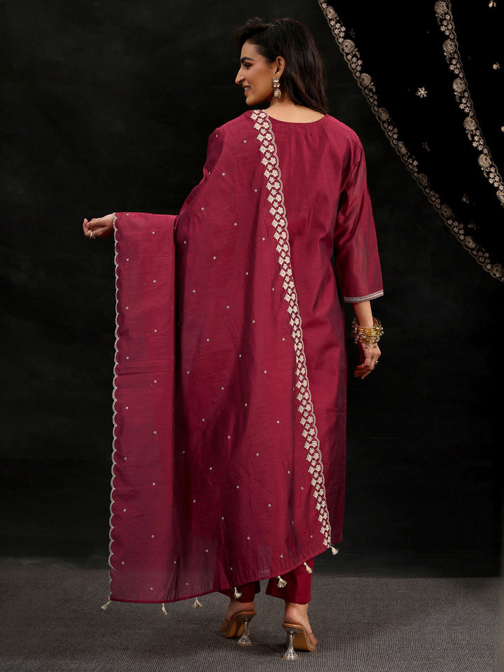 Libas Maroon Red Yoke Embroidered Chanderi Silk Straight Suit Set