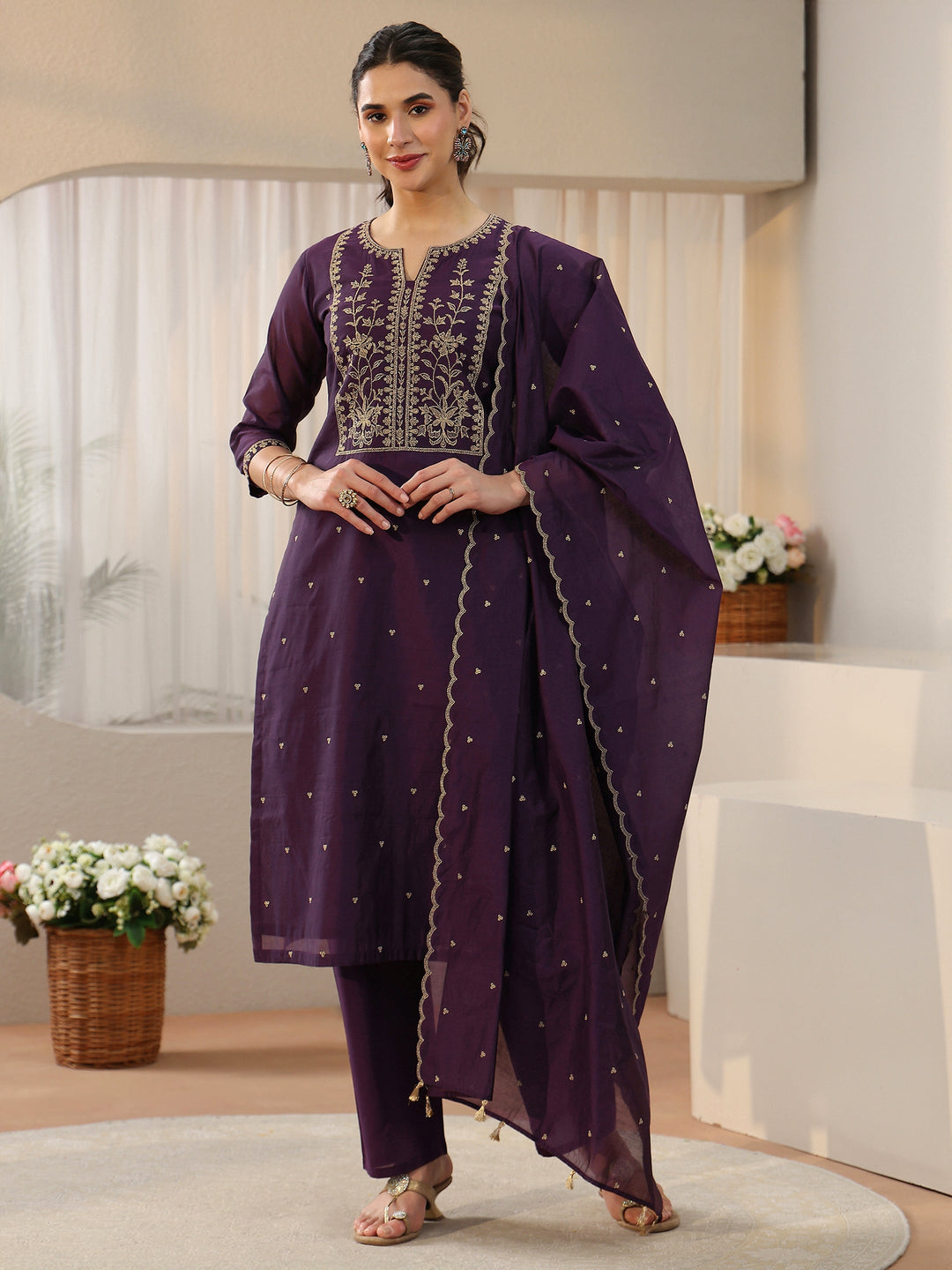 Libas Royal Purple Floral Embellished Chanderi Silk Straight Suit Set