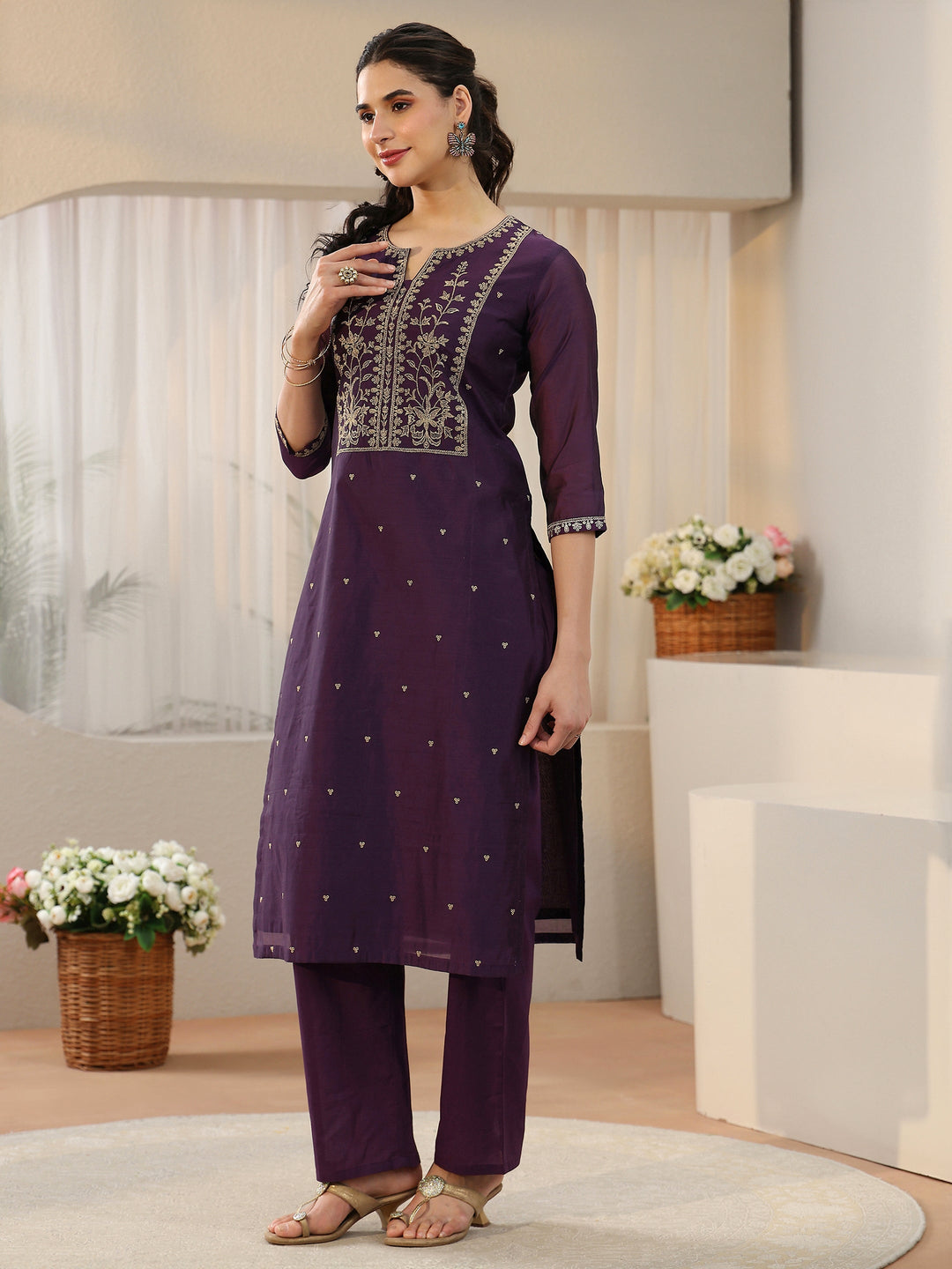 Libas Royal Purple Floral Embellished Chanderi Silk Straight Suit Set