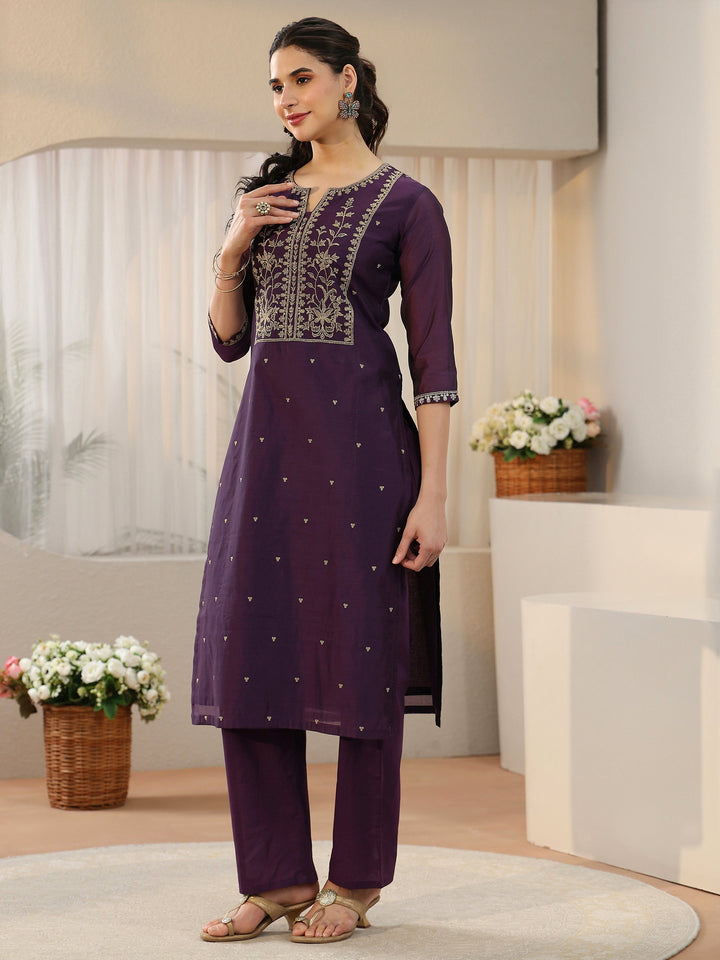 Libas Royal Purple Floral Embellished Chanderi Silk Straight Suit Set