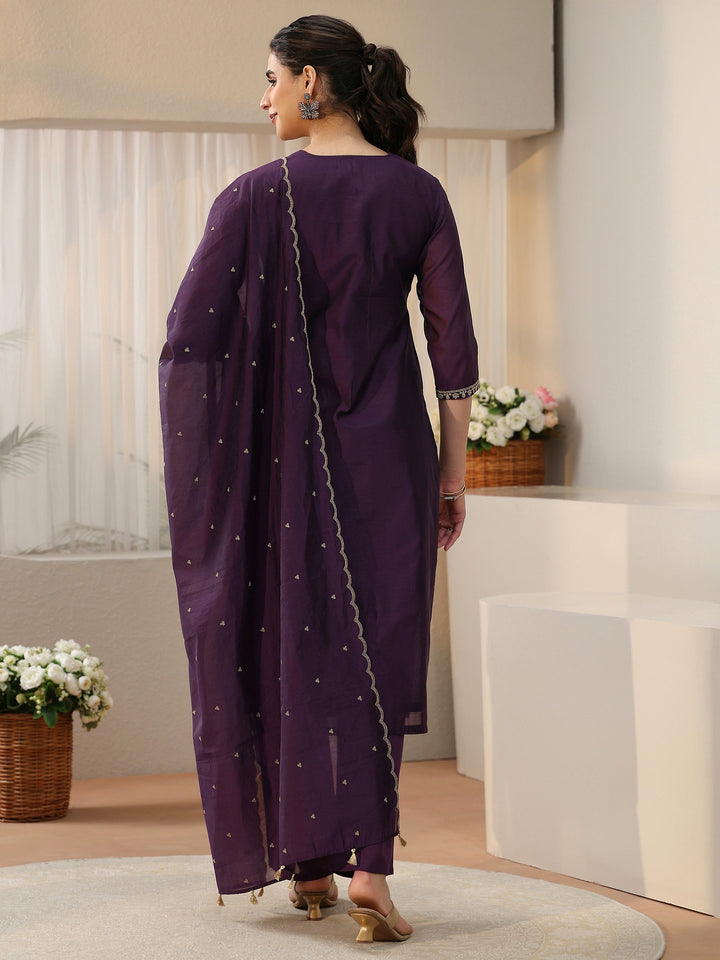 Libas Royal Purple Floral Embellished Chanderi Silk Straight Suit Set