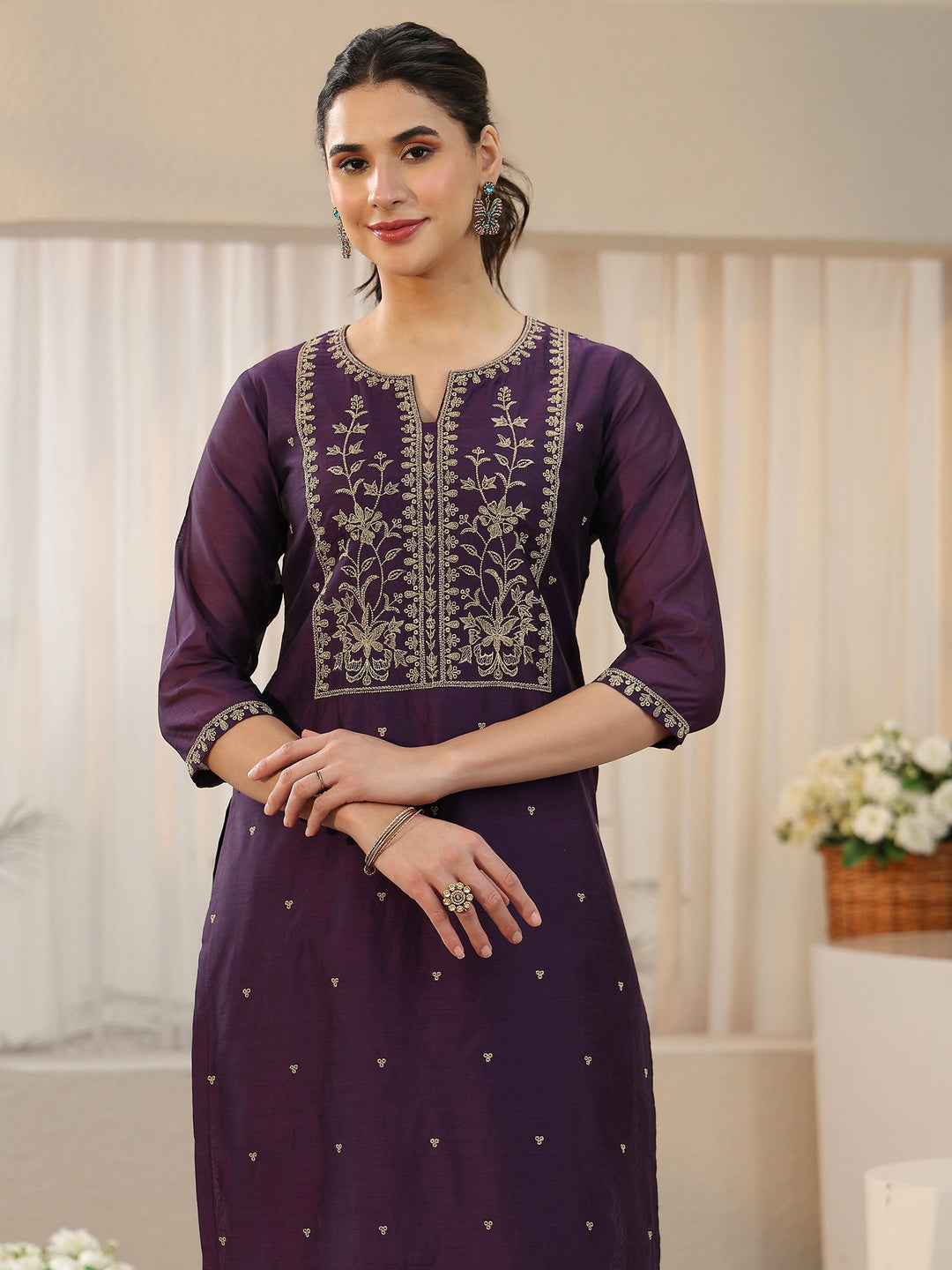 Libas Royal Purple Floral Embellished Chanderi Silk Straight Suit Set