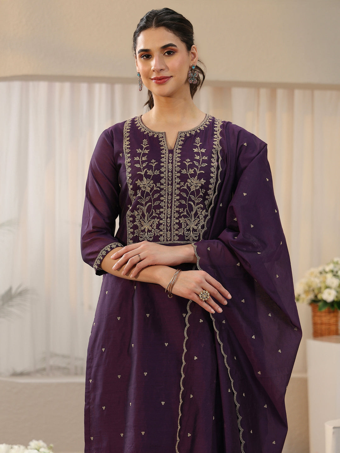 Libas Royal Purple Floral Embellished Chanderi Silk Straight Suit Set