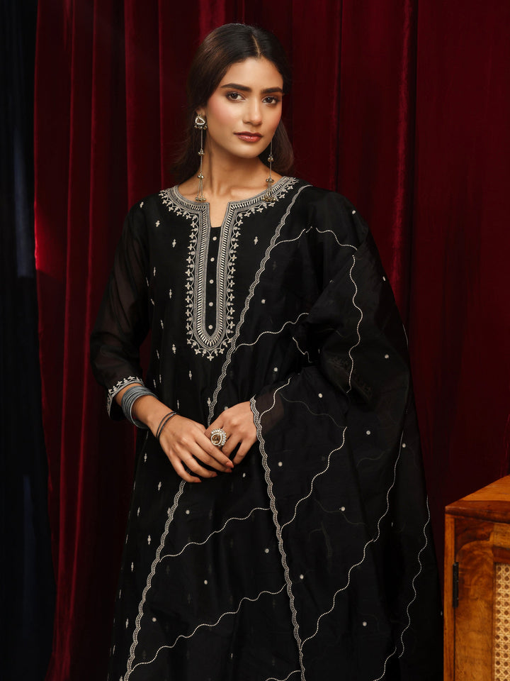 Libas Black Ethnic Embroidered Chanderi Silk Straight Suit Set