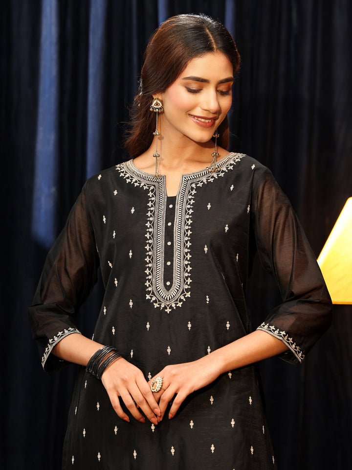 Libas Black Ethnic Embroidered Chanderi Silk Straight Suit Set