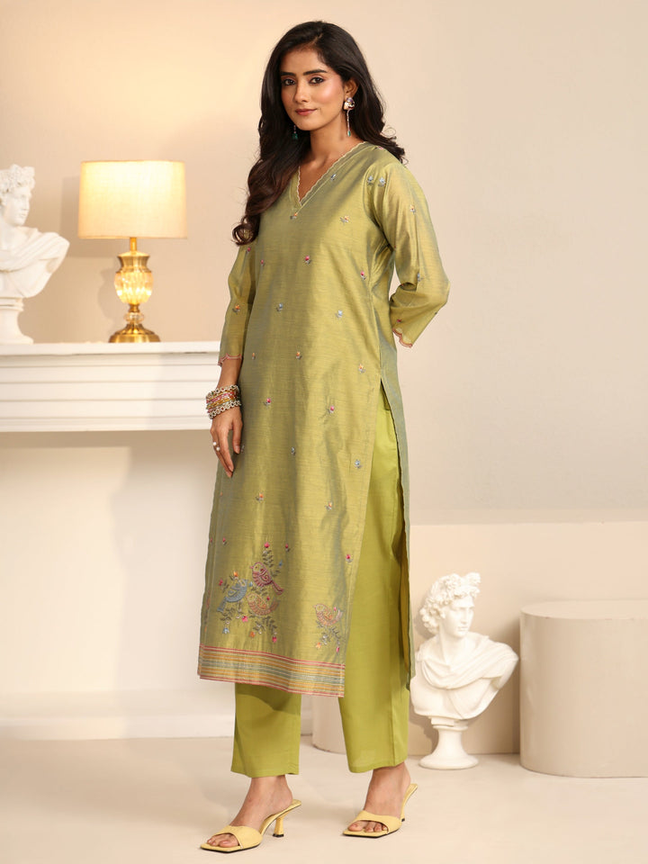 Libas Fern Green Bird Embroidered Chanderi Silk Straight Suit Set