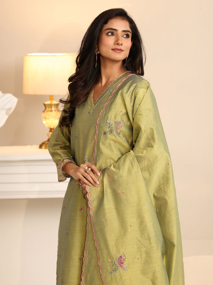 Libas Fern Green Bird Embroidered Chanderi Silk Straight Suit Set
