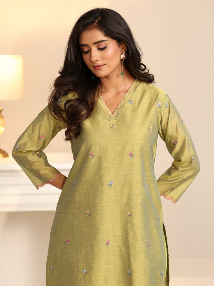 Libas Fern Green Bird Embroidered Chanderi Silk Straight Suit Set