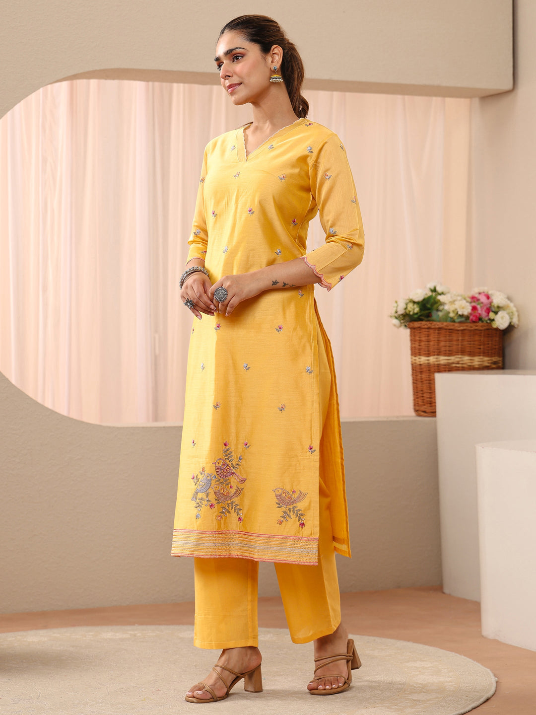 Yellow Floral Embroidered Chanderi Silk Straight Suit Set