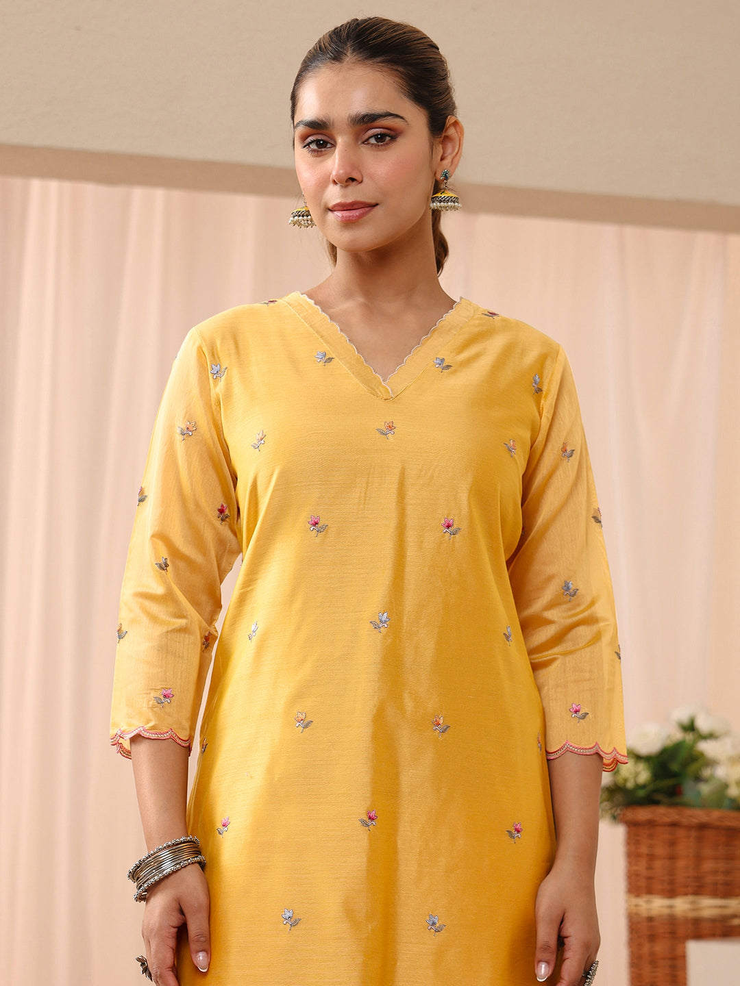 Yellow Floral Embroidered Chanderi Silk Straight Suit Set