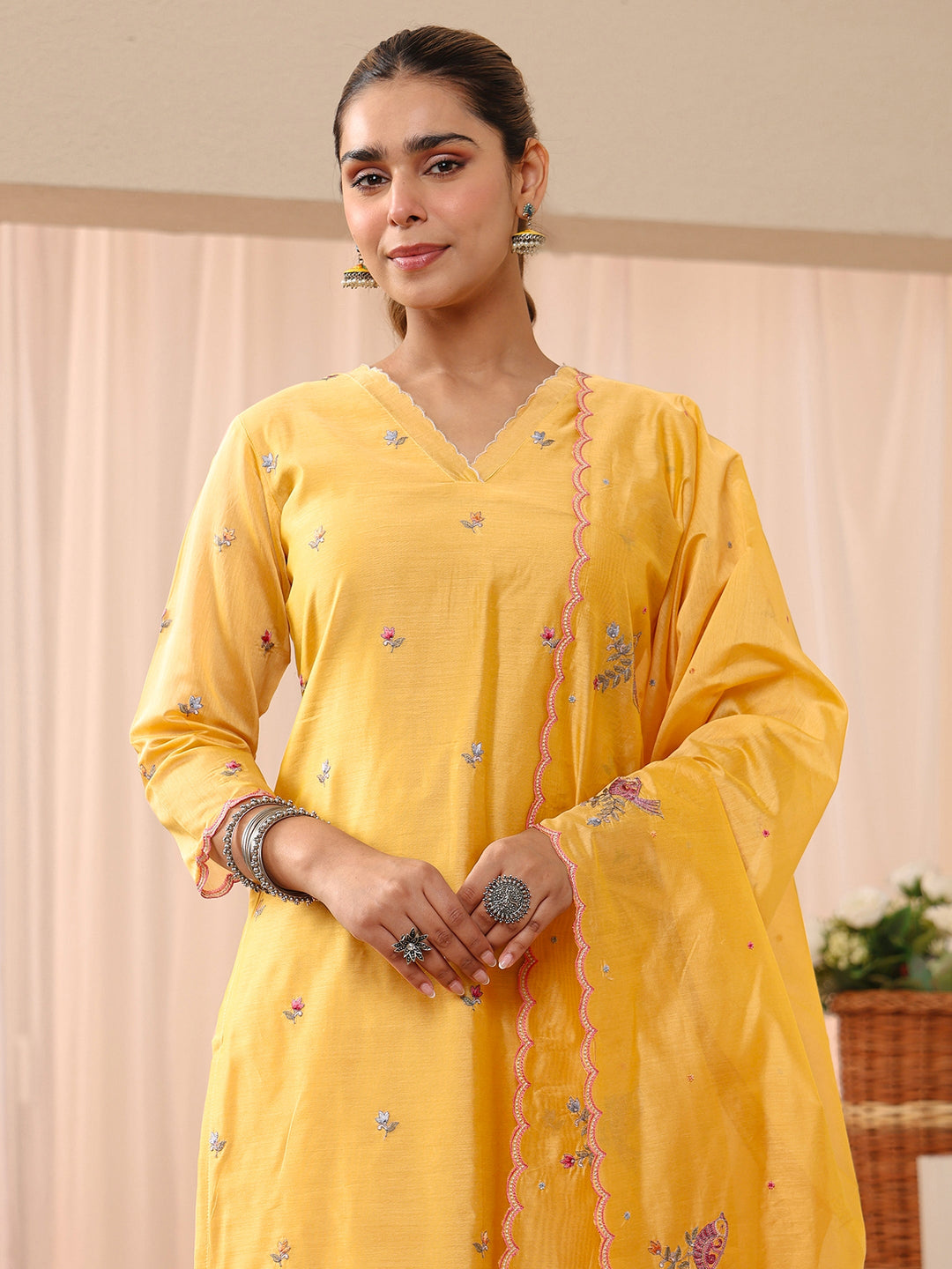 Yellow Floral Embroidered Chanderi Silk Straight Suit Set
