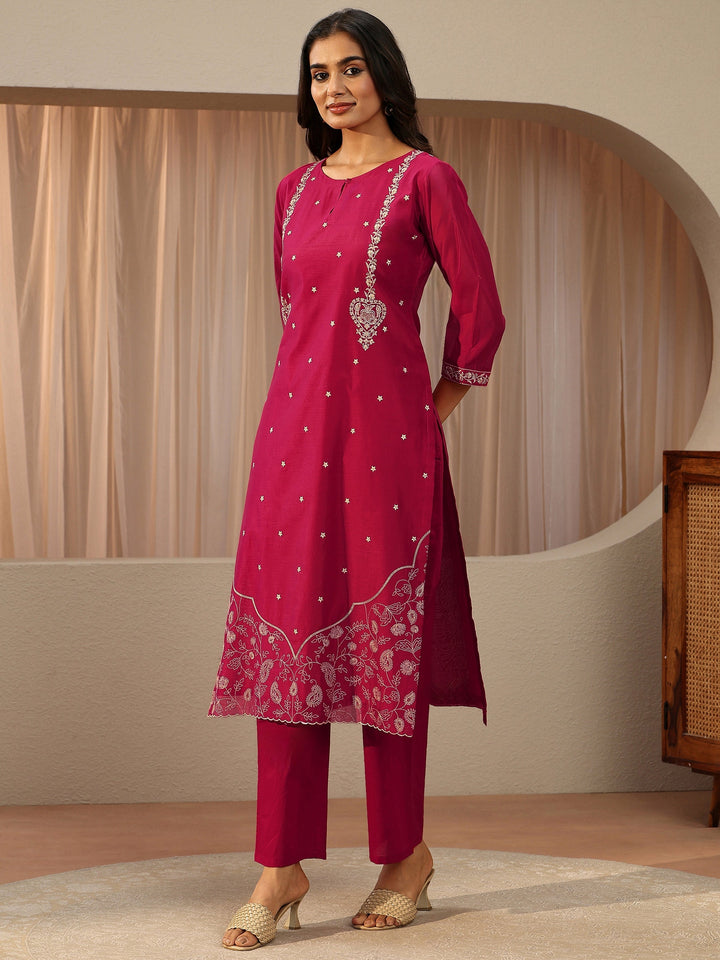 Pink Floral Embroidered Chanderi Silk Straight Suit Set