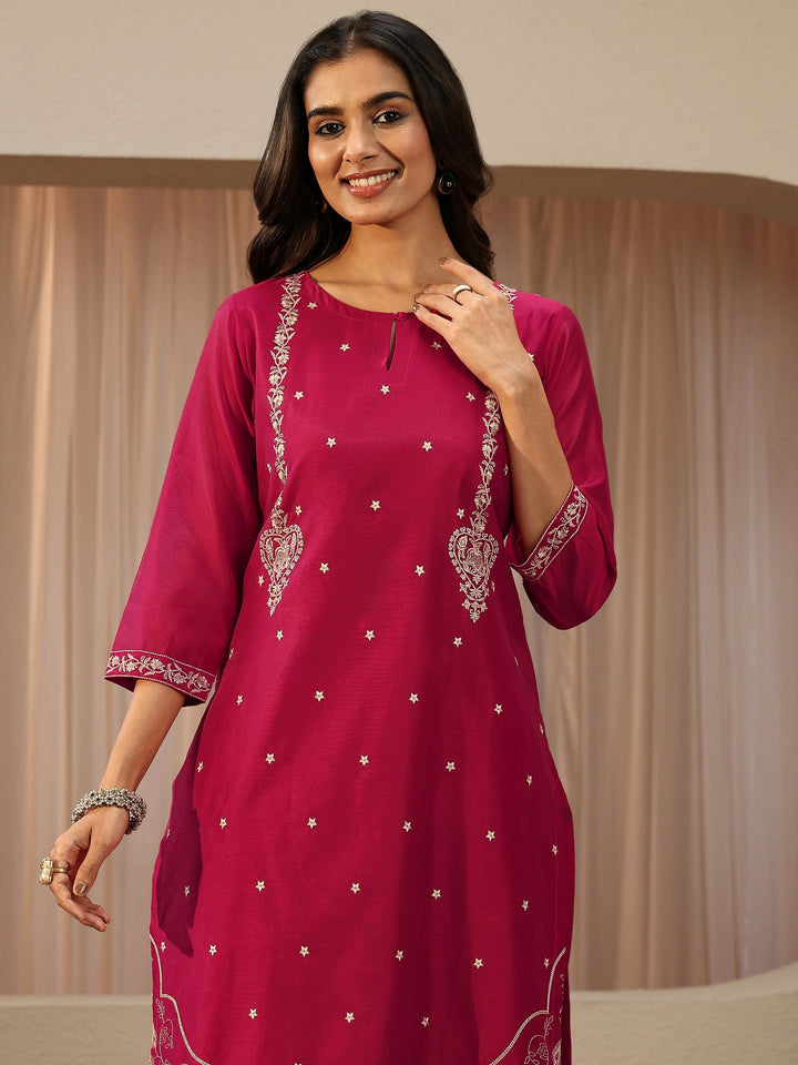 Pink Floral Embroidered Chanderi Silk Straight Suit Set