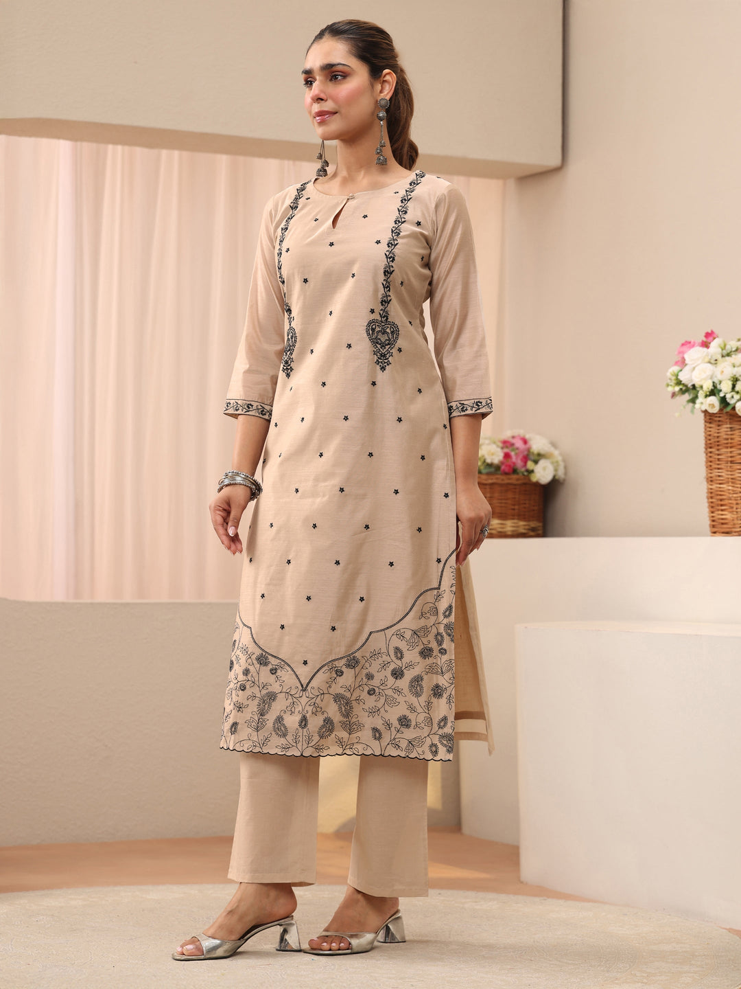 Beige Floral Embroidered Chanderi Silk Straight Suit Set