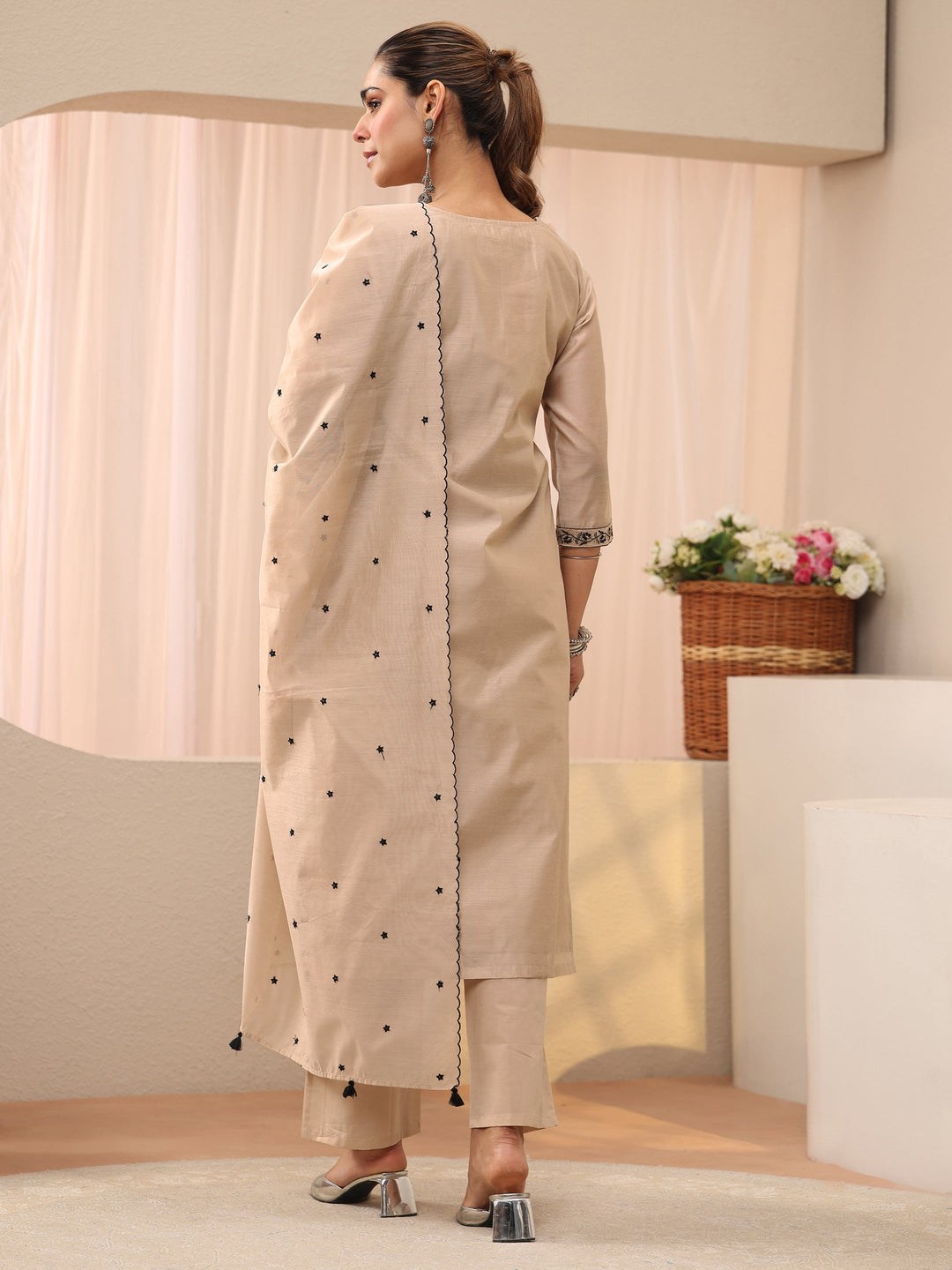 Beige Floral Embroidered Chanderi Silk Straight Suit Set