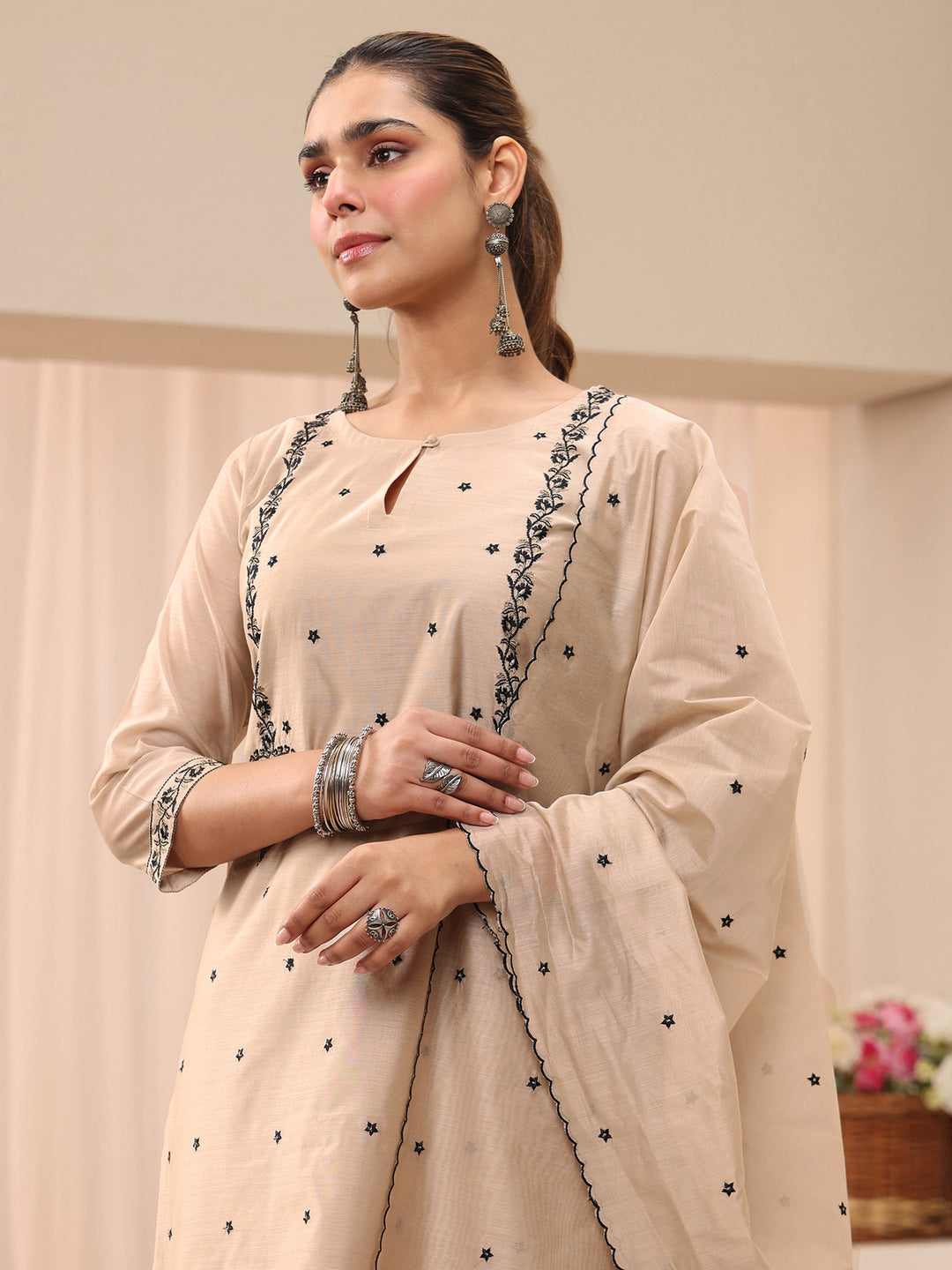 Beige Floral Embroidered Chanderi Silk Straight Suit Set