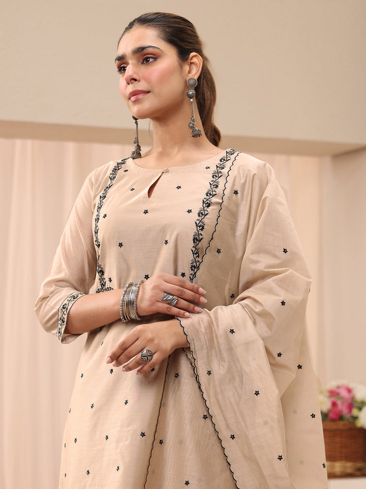 Beige Floral Embroidered Chanderi Silk Straight Suit Set