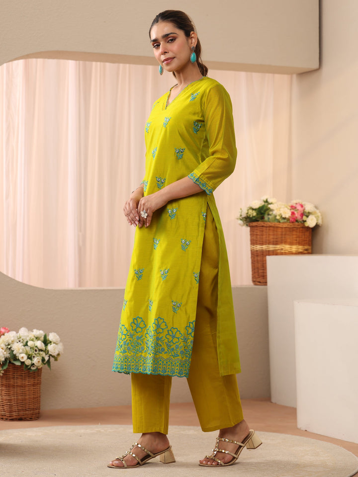 Green Floral Embroidered Chanderi Silk Straight Suit Set