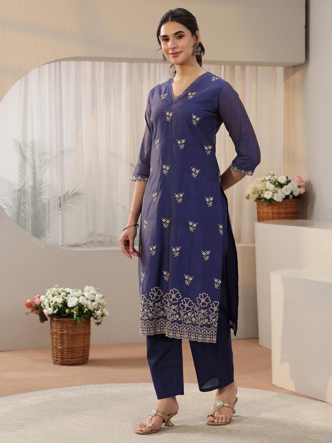 Libas Navy Blue Floral Embroidered Chanderi Silk Straight Suit Set