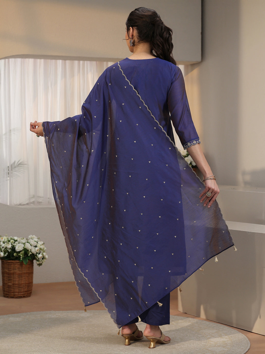 Libas Navy Blue Floral Embroidered Chanderi Silk Straight Suit Set
