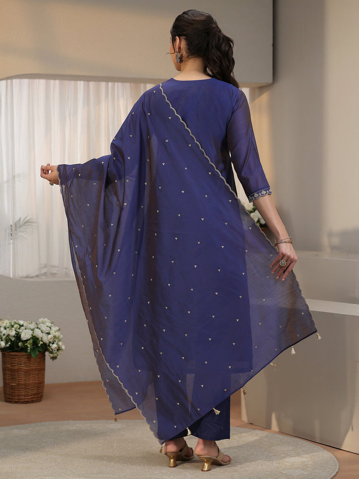 Libas Navy Blue Floral Embroidered Chanderi Silk Straight Suit Set