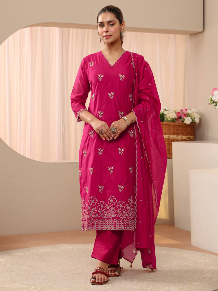 Pink Floral Embroidered Chanderi Silk Straight Suit Set