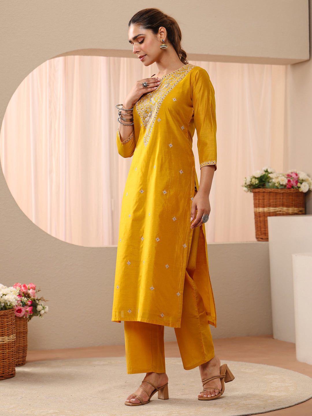 Yellow Floral Embroidered Chanderi Silk Straight Suit Set