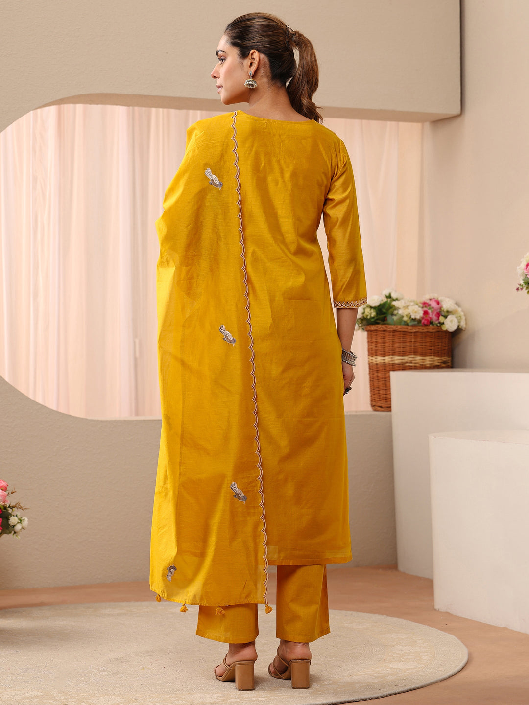 Yellow Floral Embroidered Chanderi Silk Straight Suit Set