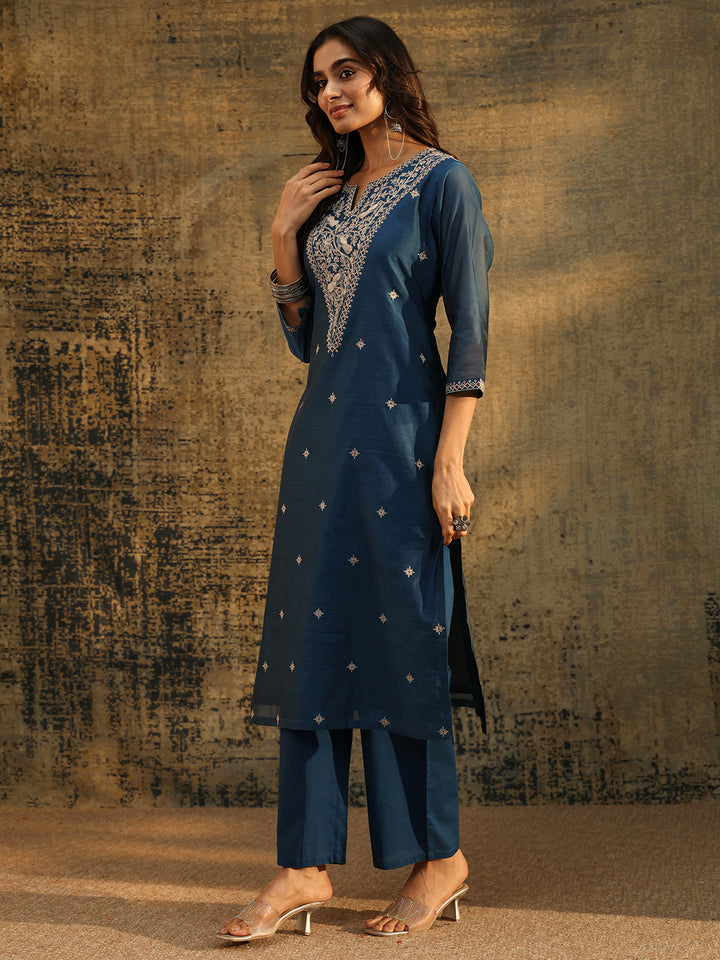 Libas Prussian Blue Embroidered Chanderi Silk Straight Suit Set
