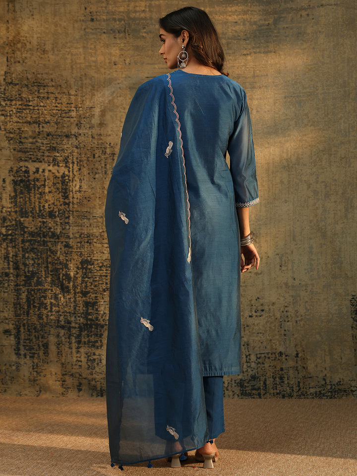 Libas Prussian Blue Embroidered Chanderi Silk Straight Suit Set