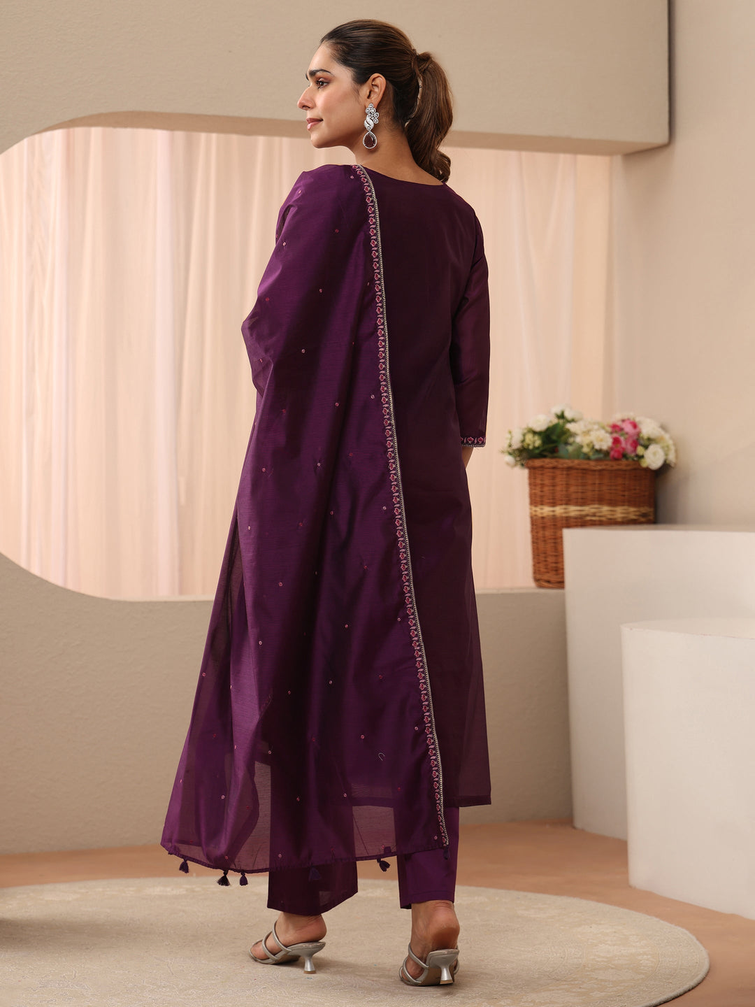 Burgundy Floral Embroidered Chanderi Silk Straight Suit Set