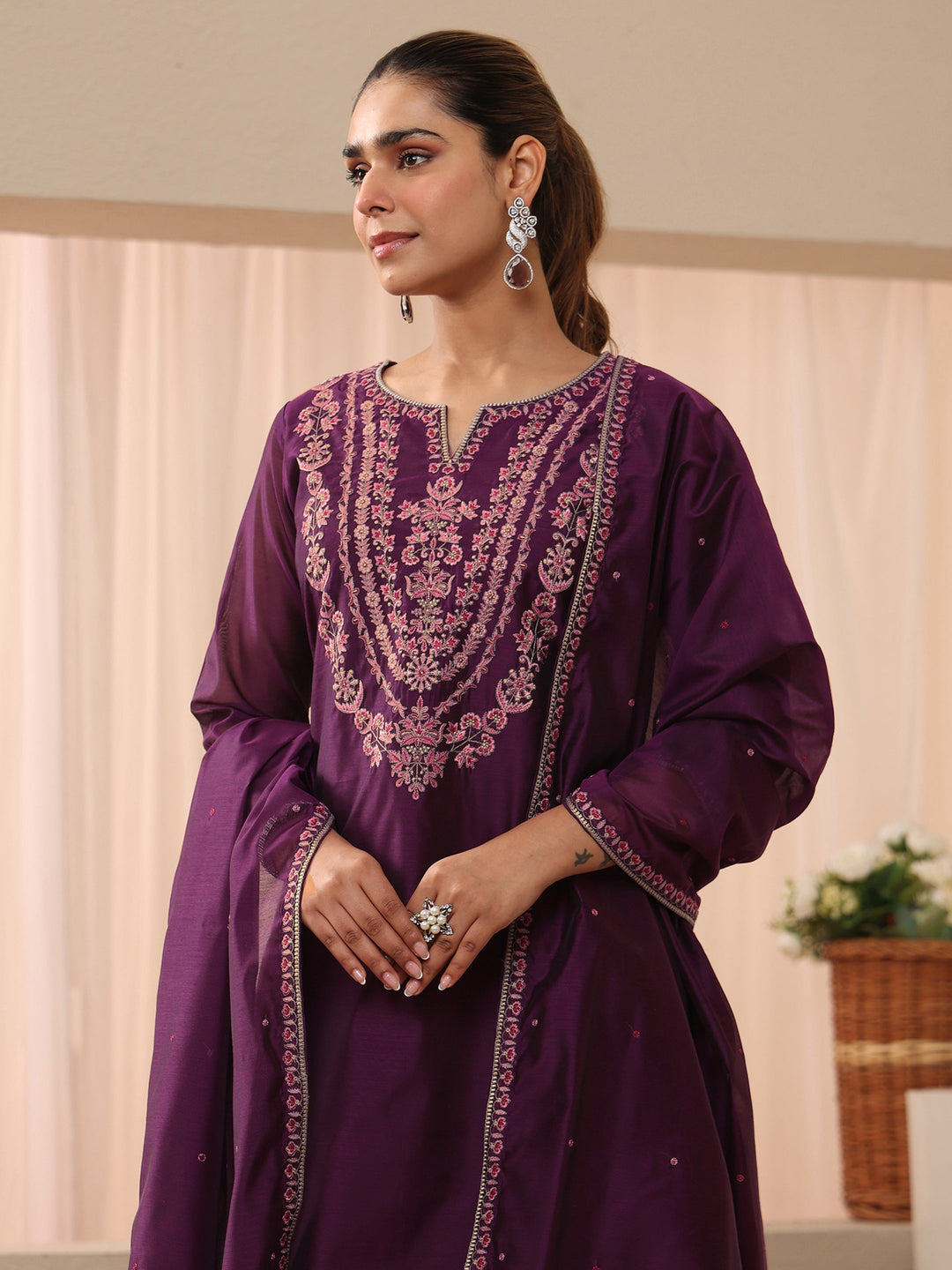 Burgundy Floral Embroidered Chanderi Silk Straight Suit Set
